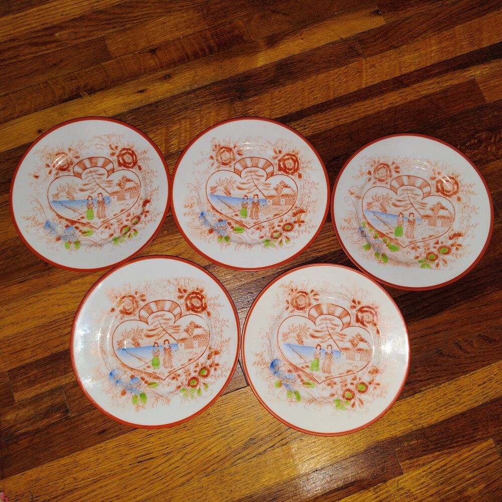 Vtg Japanese Geisha Girl Porcelain Plate Hand Painted Heart Pattern Red Rim Kuta